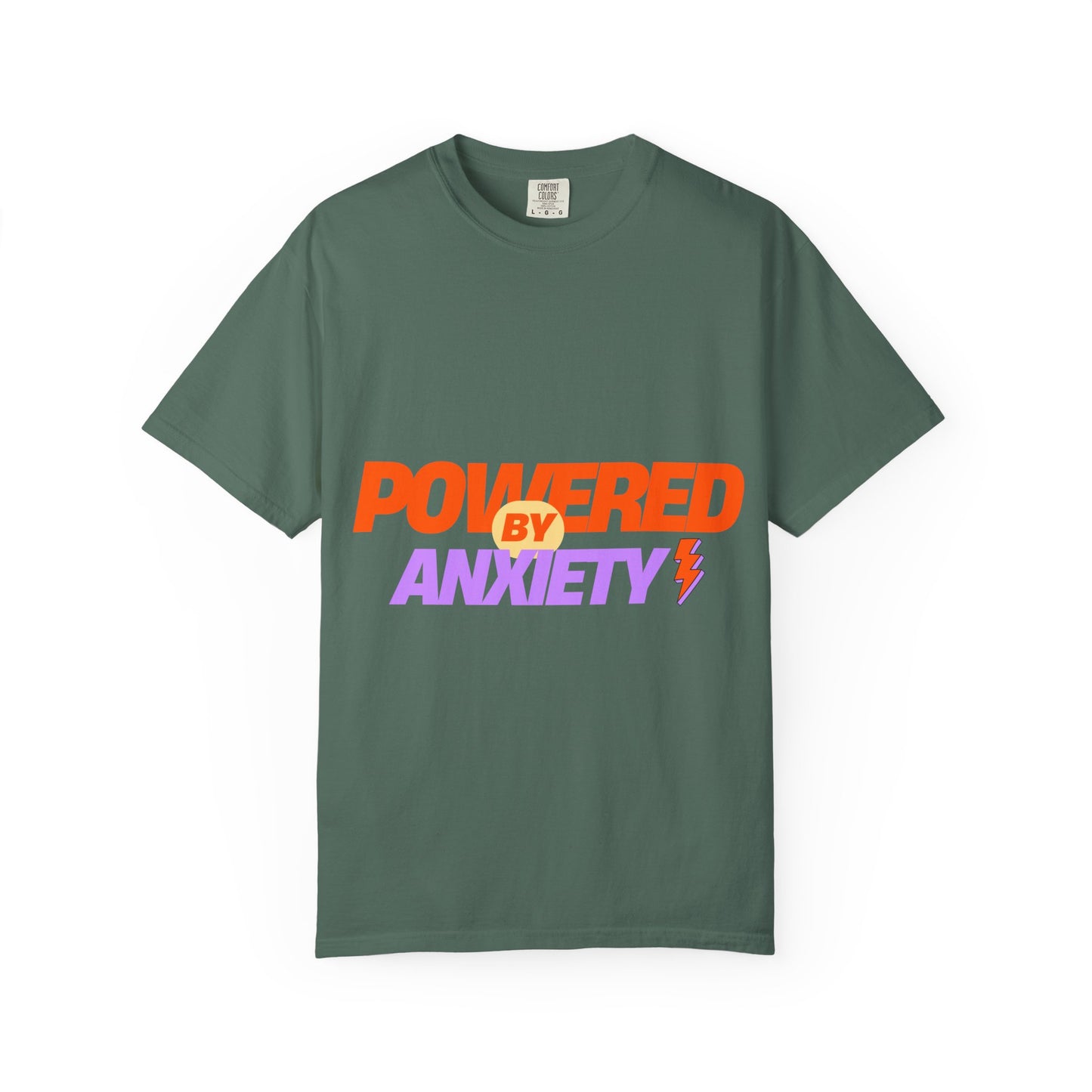 T-Shirt — "Powered by Anxiety" Graphic Tee, Funny Mental Health Shirt