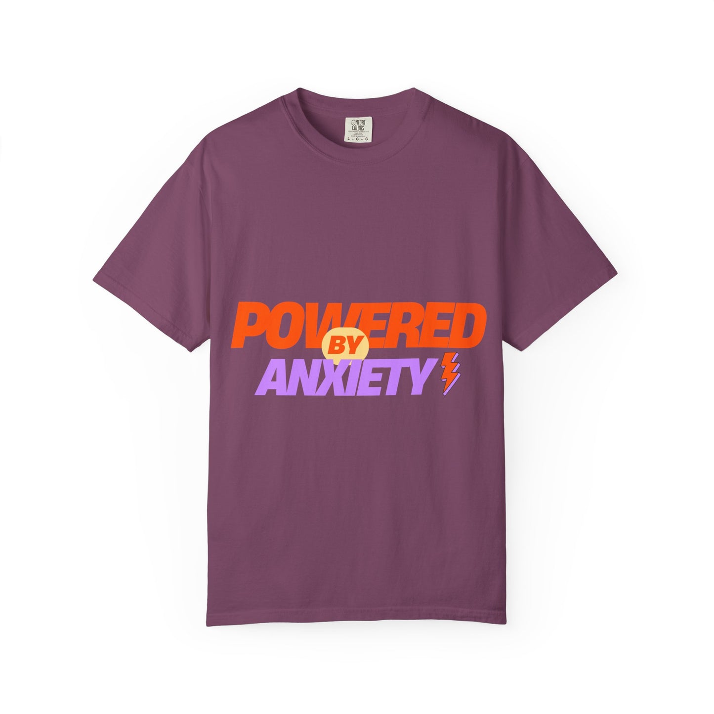 T-Shirt — "Powered by Anxiety" Graphic Tee, Funny Mental Health Shirt