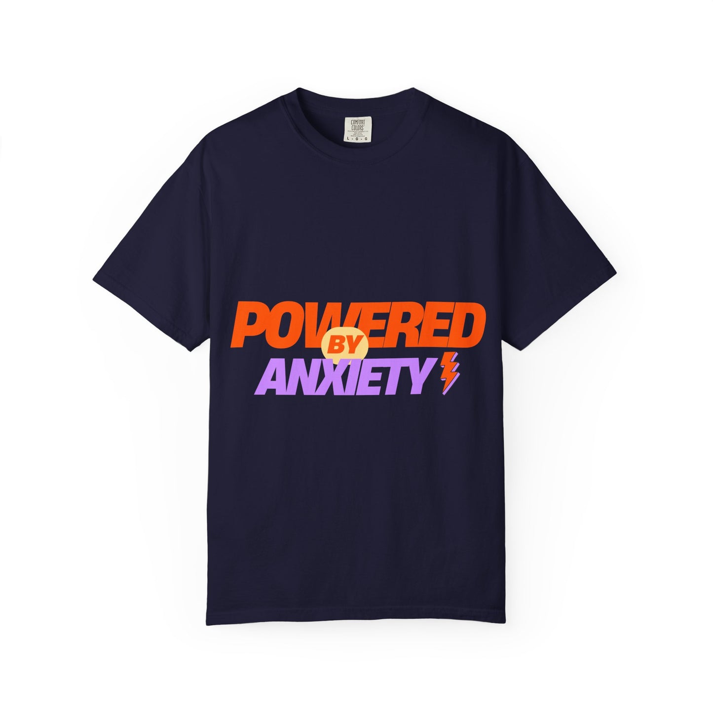 T-Shirt — "Powered by Anxiety" Graphic Tee, Funny Mental Health Shirt