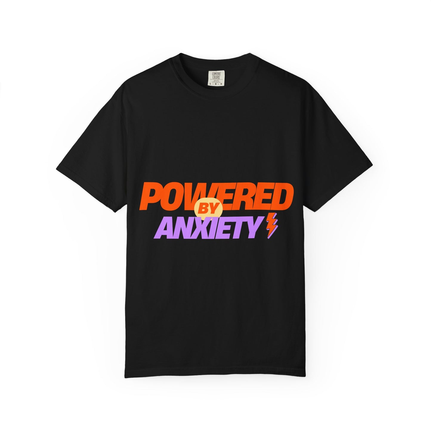 T-Shirt — "Powered by Anxiety" Graphic Tee, Funny Mental Health Shirt