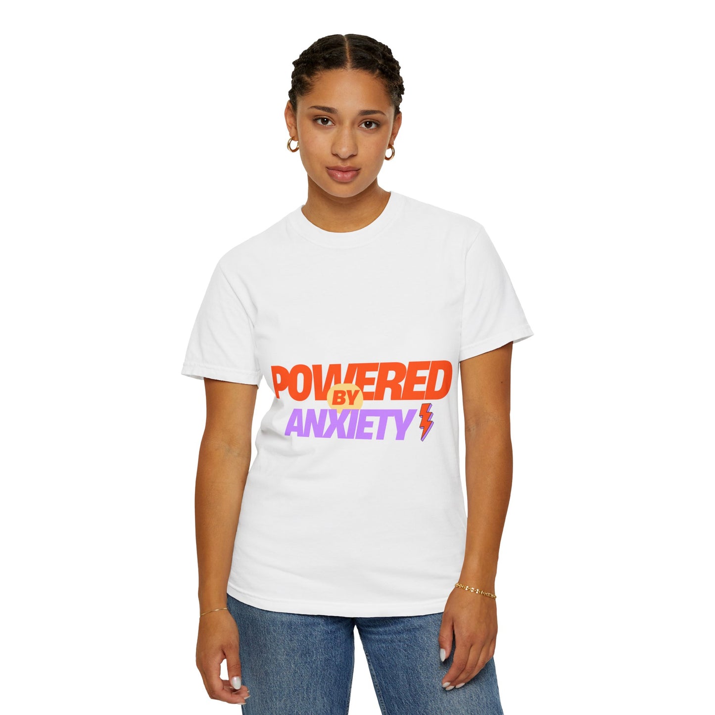 T-Shirt — "Powered by Anxiety" Graphic Tee, Funny Mental Health Shirt