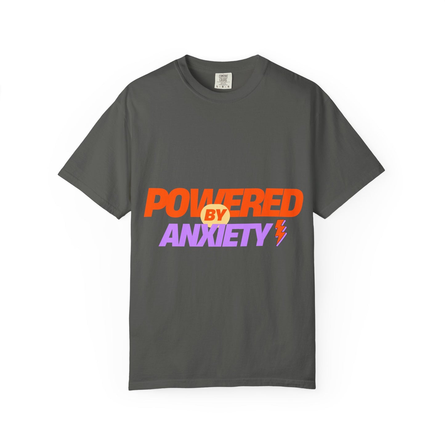 T-Shirt — "Powered by Anxiety" Graphic Tee, Funny Mental Health Shirt